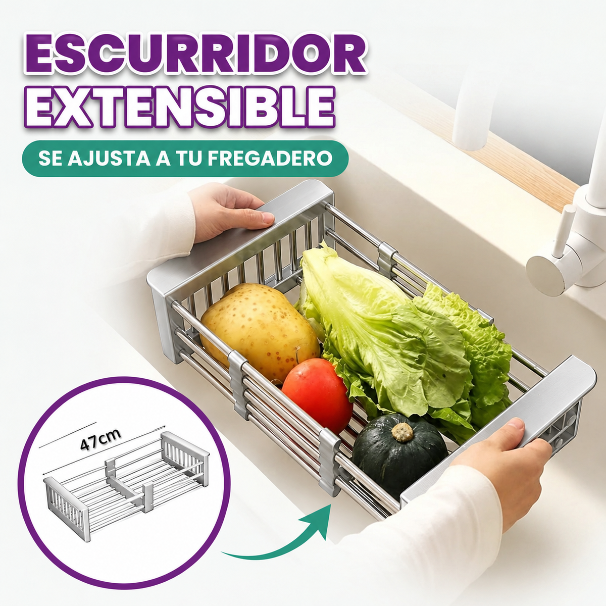 Escurridor de platos de cocina retractil de acero inoxidable