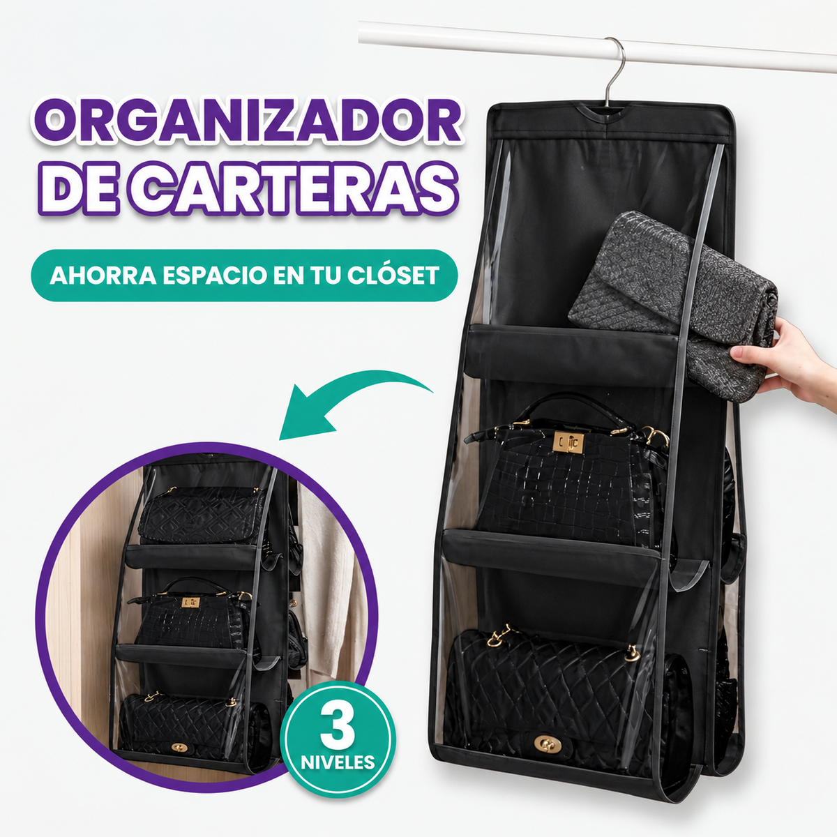 Organizador colgante de almacenamiento para carteras de 3 niveles