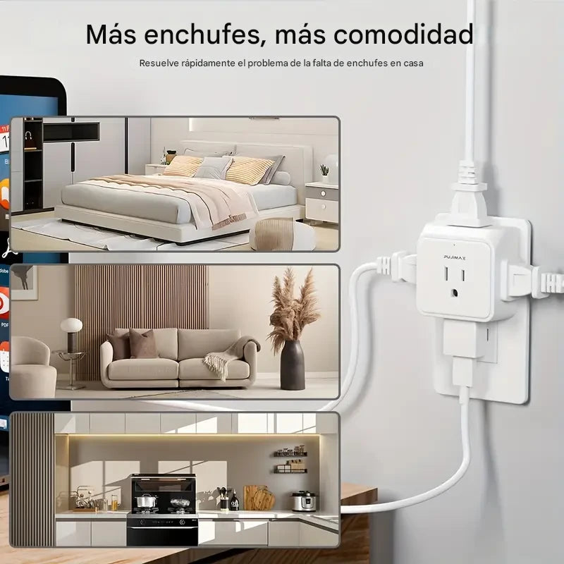 Adaptador de viaje portátil con divisor de 5 tomas de corriente PUJIMAX – Vista adicional – Disponible en NQLN Store Venez...