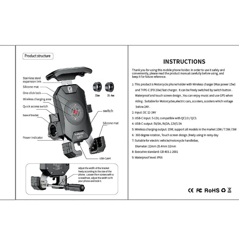 Soporte para teléfono de motocicleta con cargador inalámbrico Qi de 15 W – Comprar al mejor precio en NQLN Store Venezuela