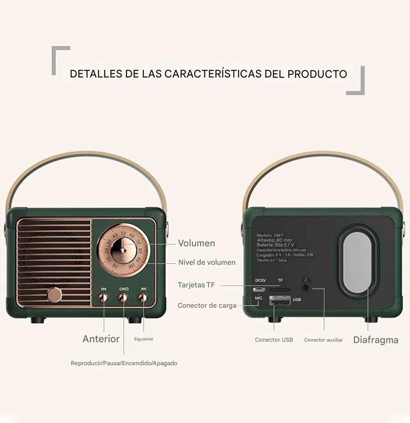 Mini Altavoz Retro de bluetooth – Vista detalle del producto – NQLN Store