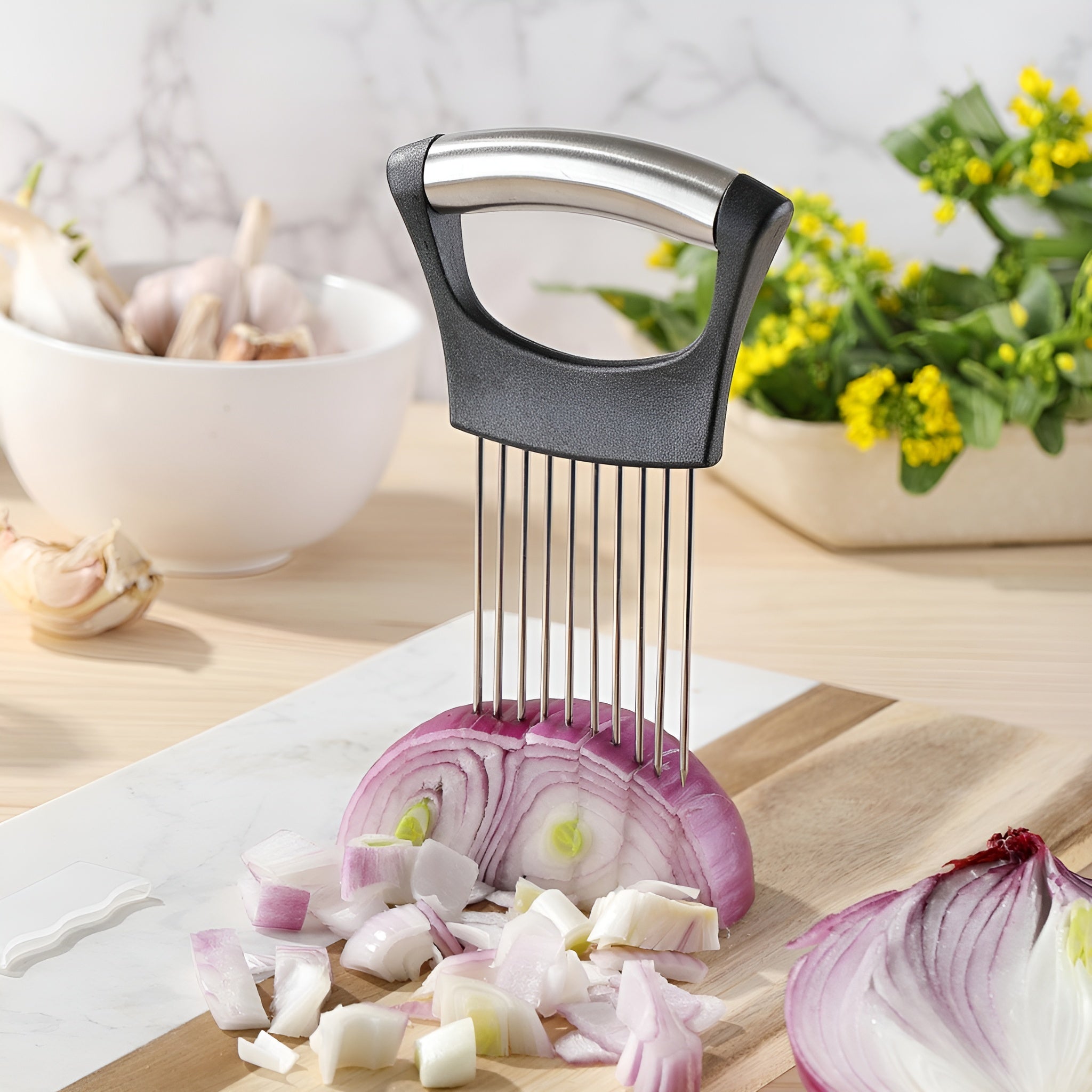 Soporte acero inoxidable para rebanar cebollas para cocina – Tienda online NQLN Store Venezuela