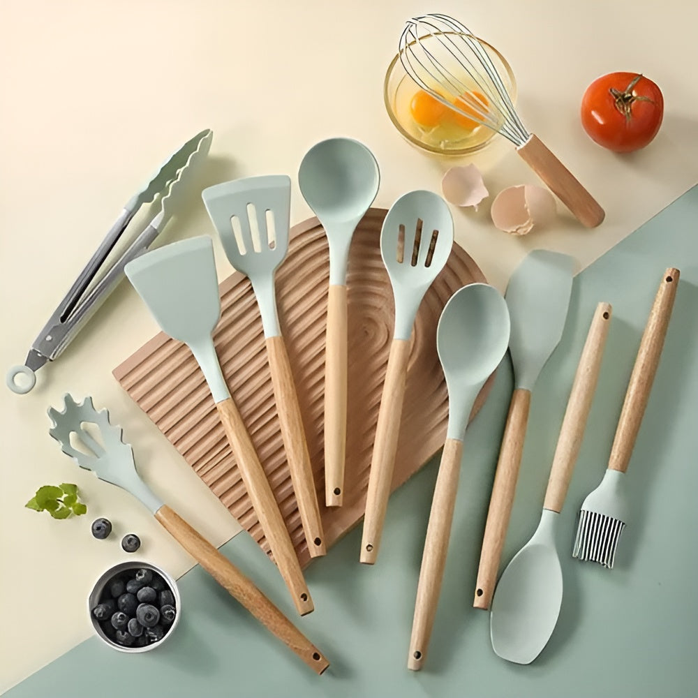 Juego de utensilios de cocina de silicona 11 unidades – Vista de cerca del producto – NQLN Store