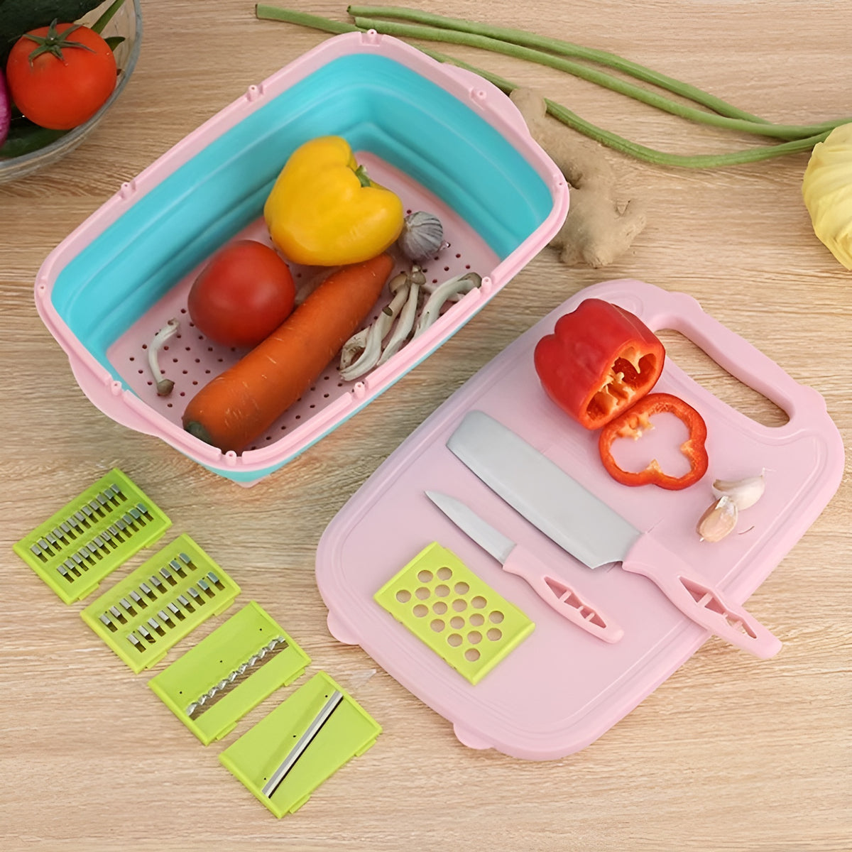 Tabla de cortar multifuncional con accesorios – Vista adicional – Disponible en NQLN Store Venezuela