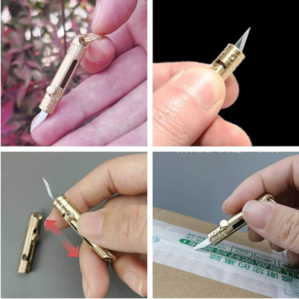 Mini cuchillo retractil de laton – Vista de cerca del producto – NQLN Store