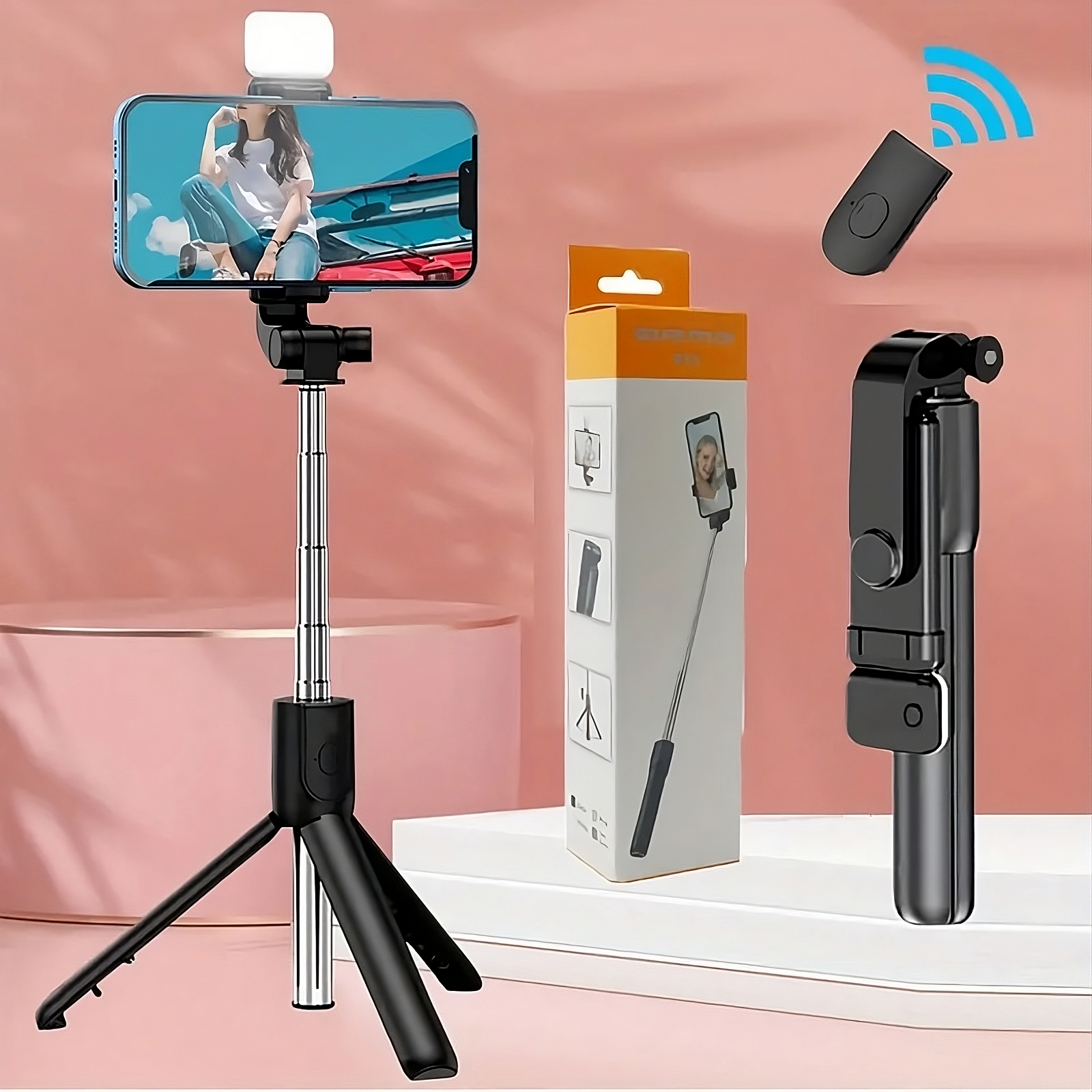 Palo selfie extensible con control remoto inalámbrico – Vista adicional – Disponible en NQLN Store Venezuela