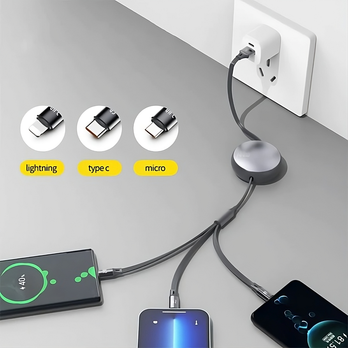 Cable de carga Lightning retractil 3 en 1 – Detalle y presentación – NQLN Store Venezuela
