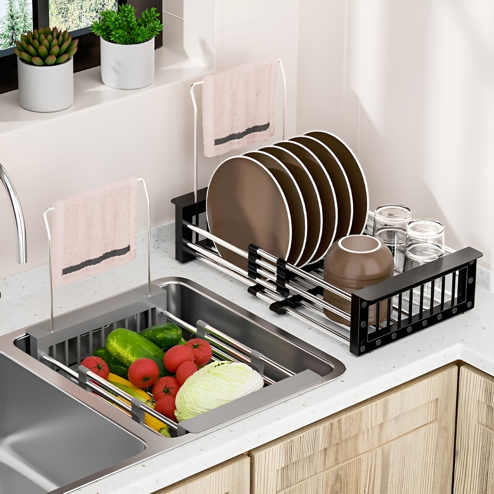 Escurridor de platos de cocina retráctil de acero inoxidable – Vista adicional – Disponible en NQLN Store Venezuela
