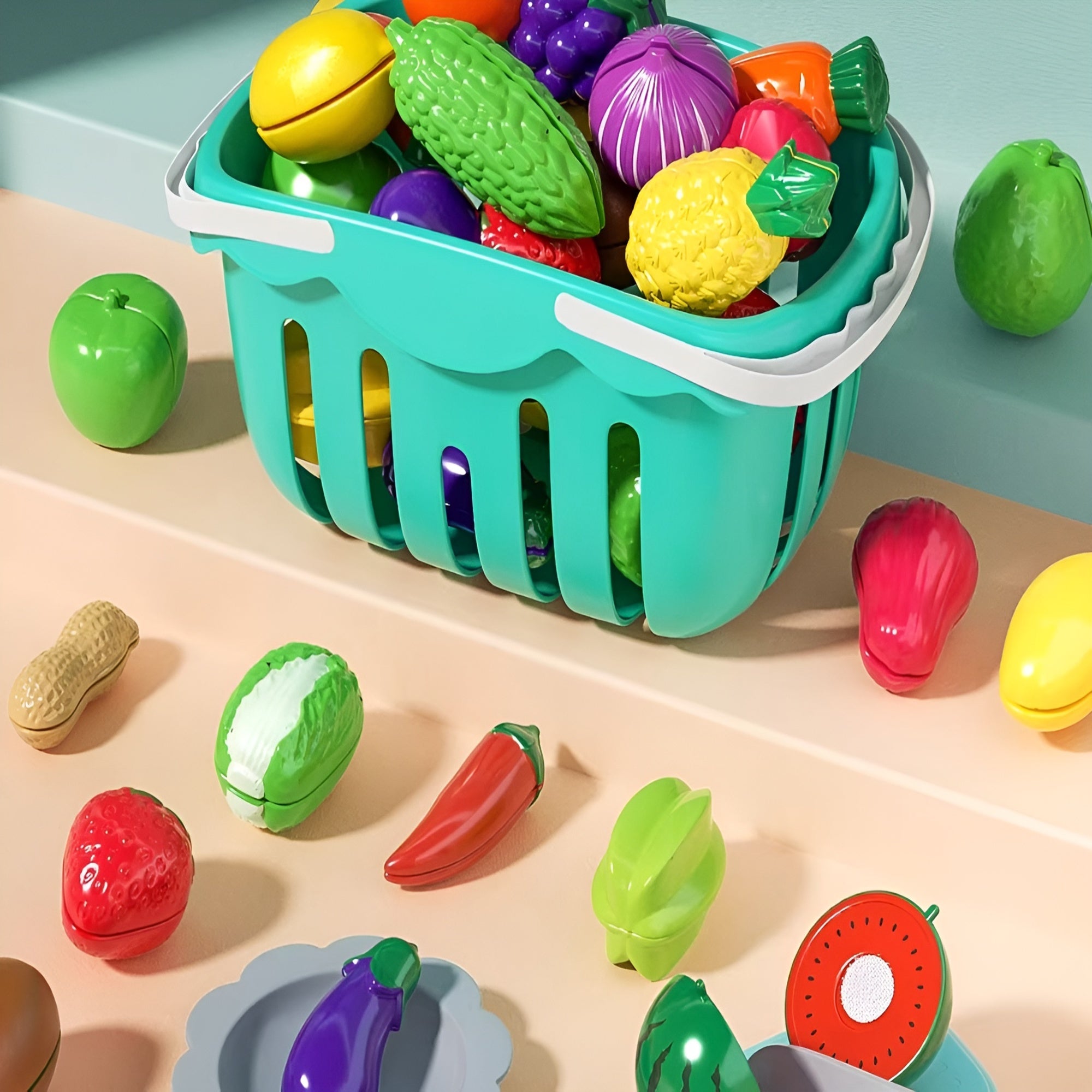 Juego de alimentos con cesta de verduras falsas para niños – Vista adicional – Disponible en NQLN Store Venezuela